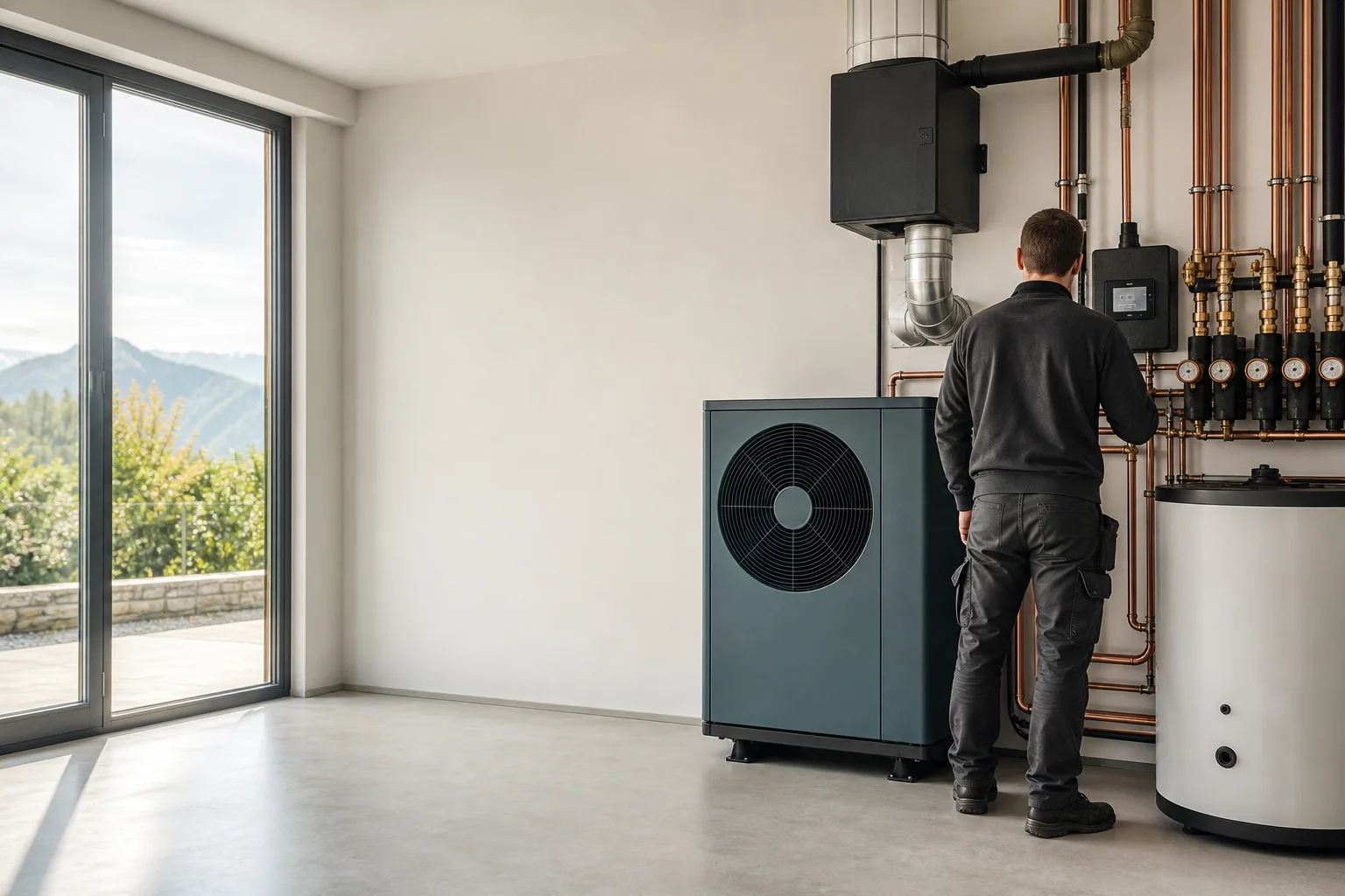 Beispielhafte Bildwelt mit Haustechniker und Wärmepumpe