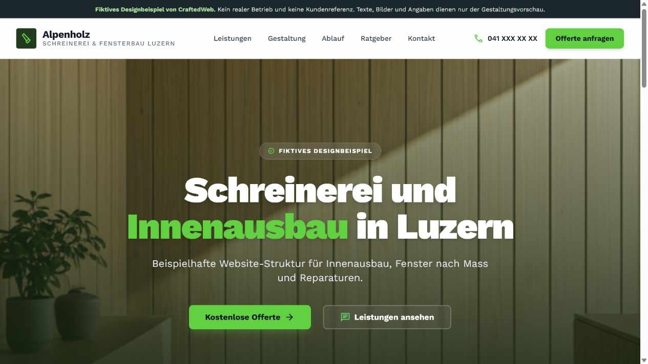 Fiktives Schreinerei-Website-Design